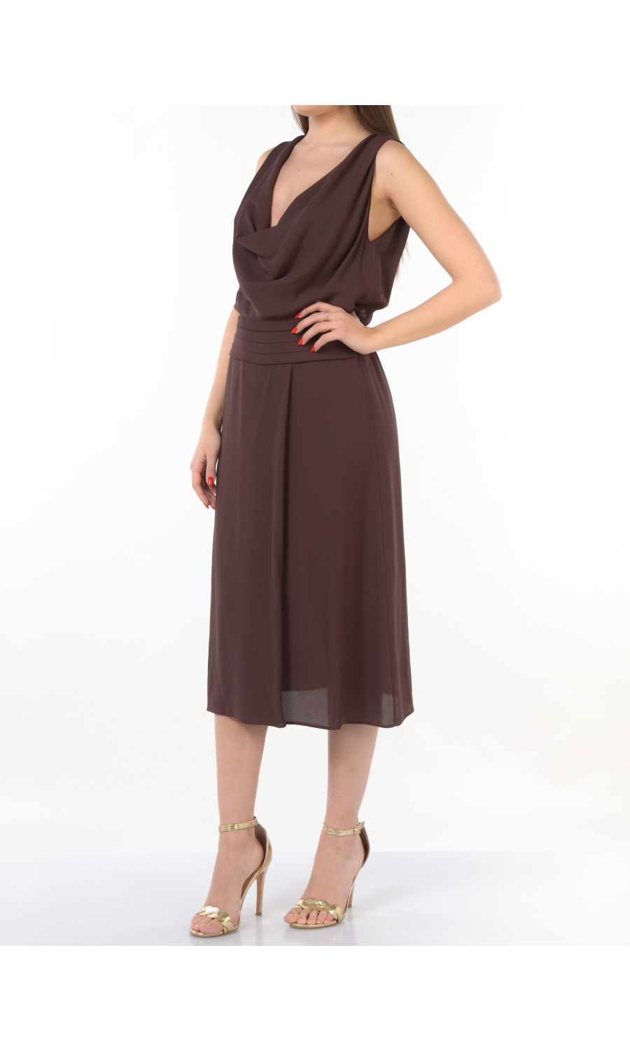 abito lungo da donna Elisabetta Franchi con scollo a labbro e fascione plisse'