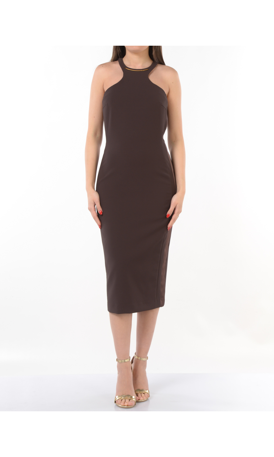 abito lungo da donna Elisabetta Franchi con scollo olimpionico e dettaglio gioiello