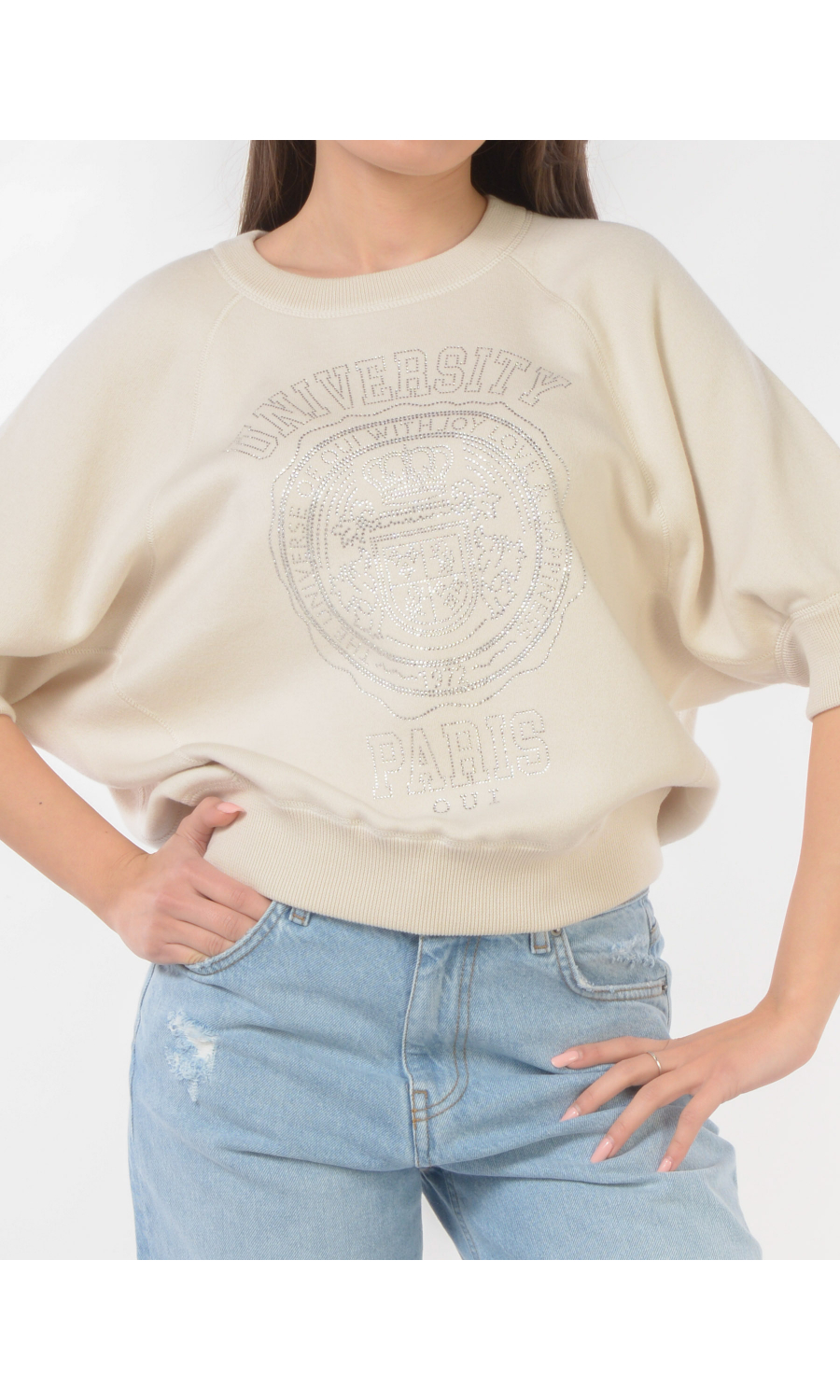 felpa da donna Oui a manica corta con applicazione di strass