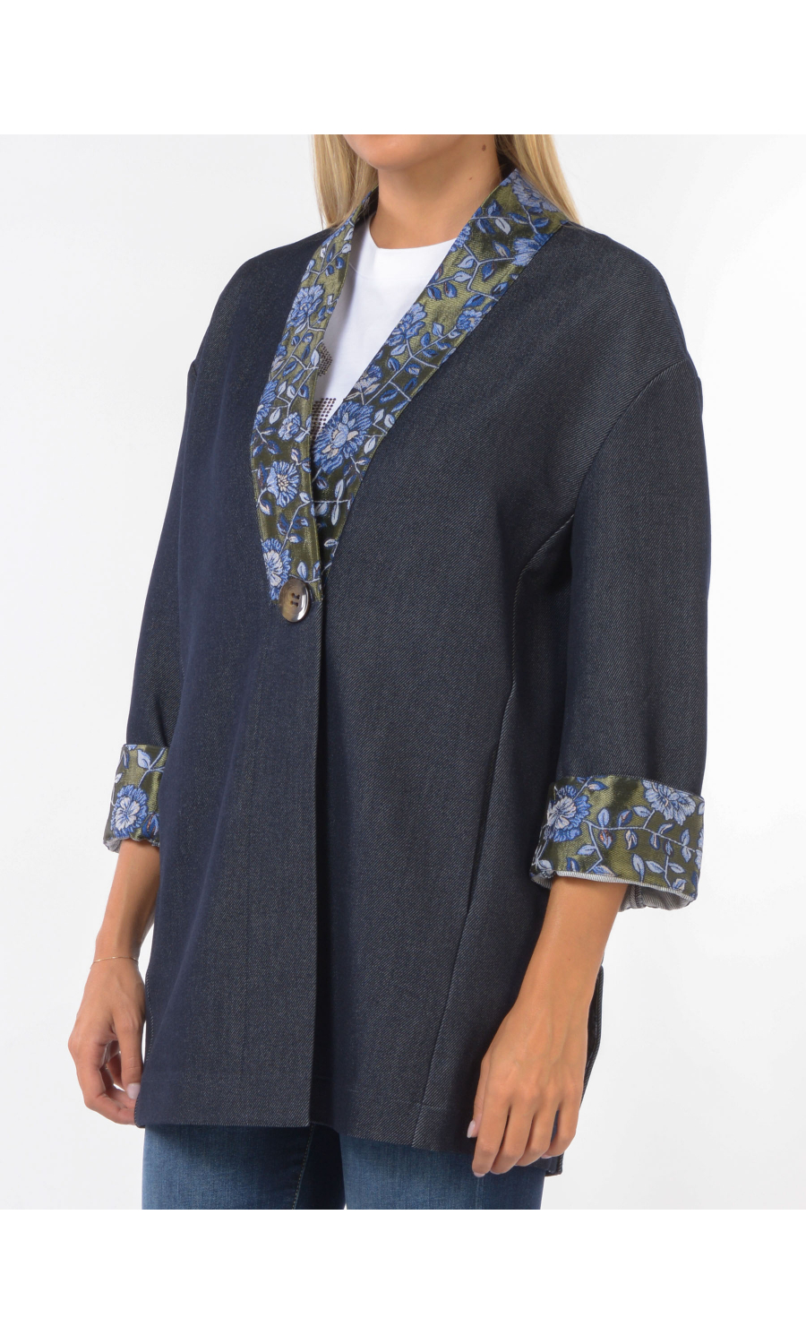 giacca da donna Nenette effetto denim con profili a fiori