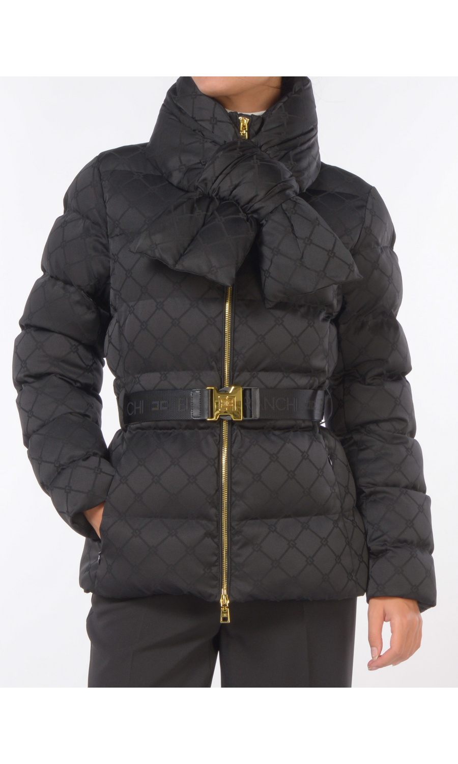 giaccone da donna Elisabetta Franchi a fantasia jacquard con cintura e sciarpa