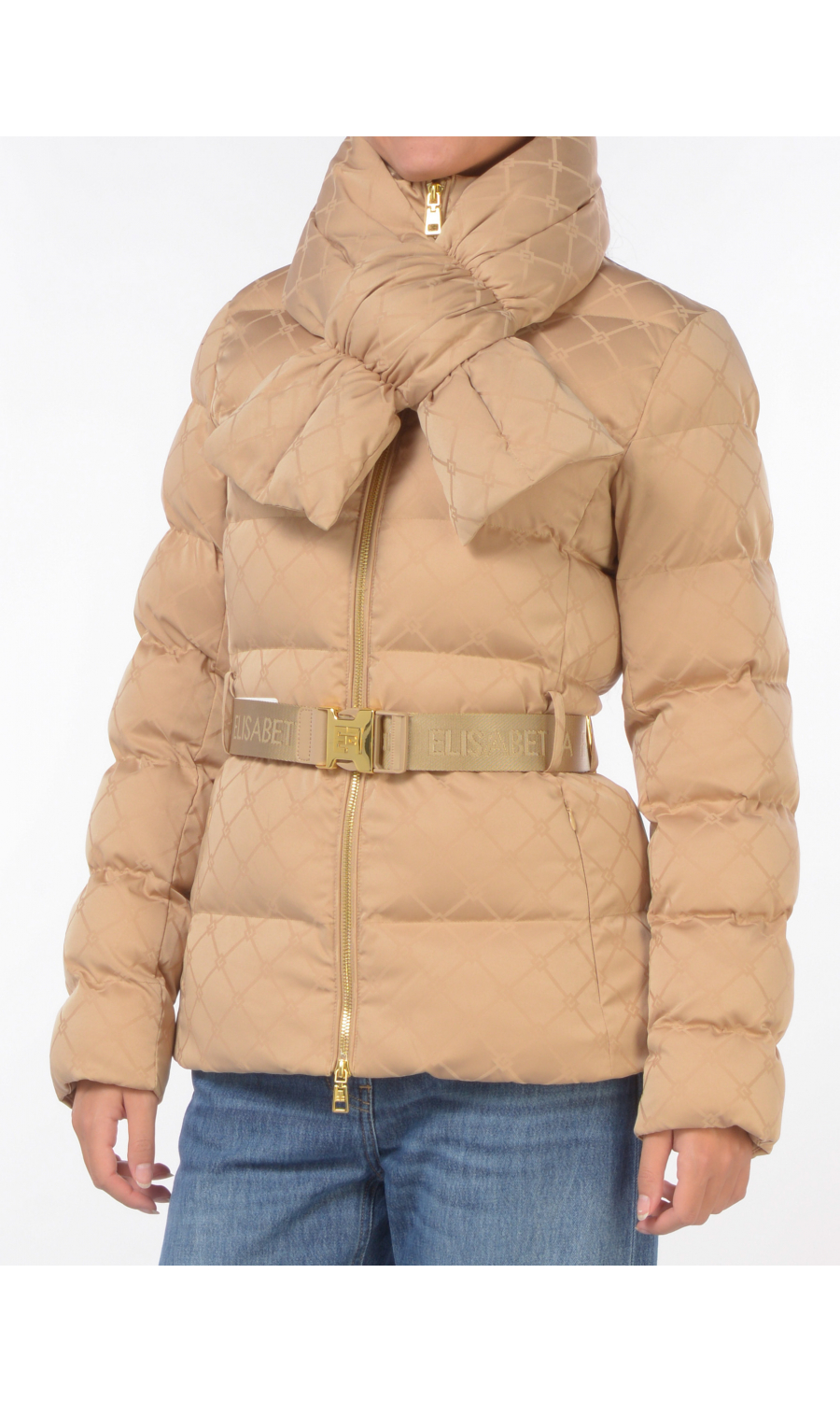 giaccone da donna Elisabetta Franchi a fantasia jacquard con cintura e sciarpa