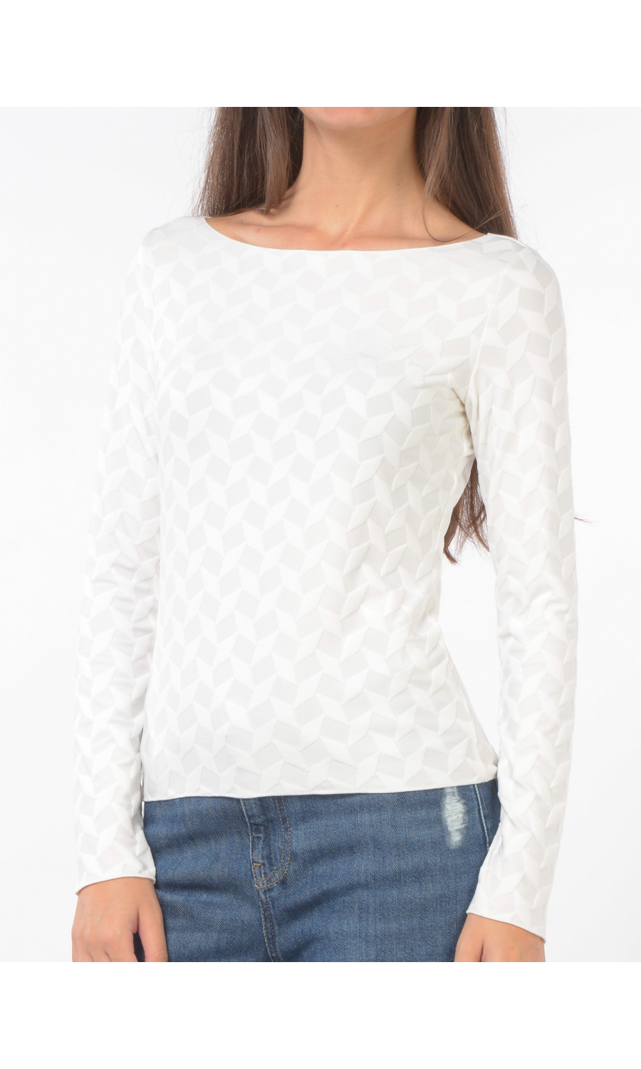 maglia da donna Emporio Armani con scollo a barchetta e fantasia jacquard