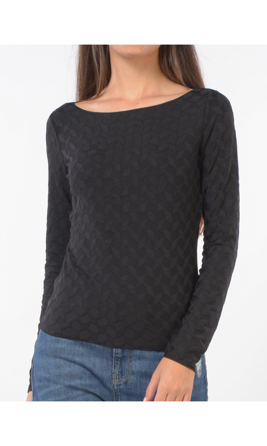 maglia da donna Emporio Armani con scollo a barchetta e fantasia jacquard