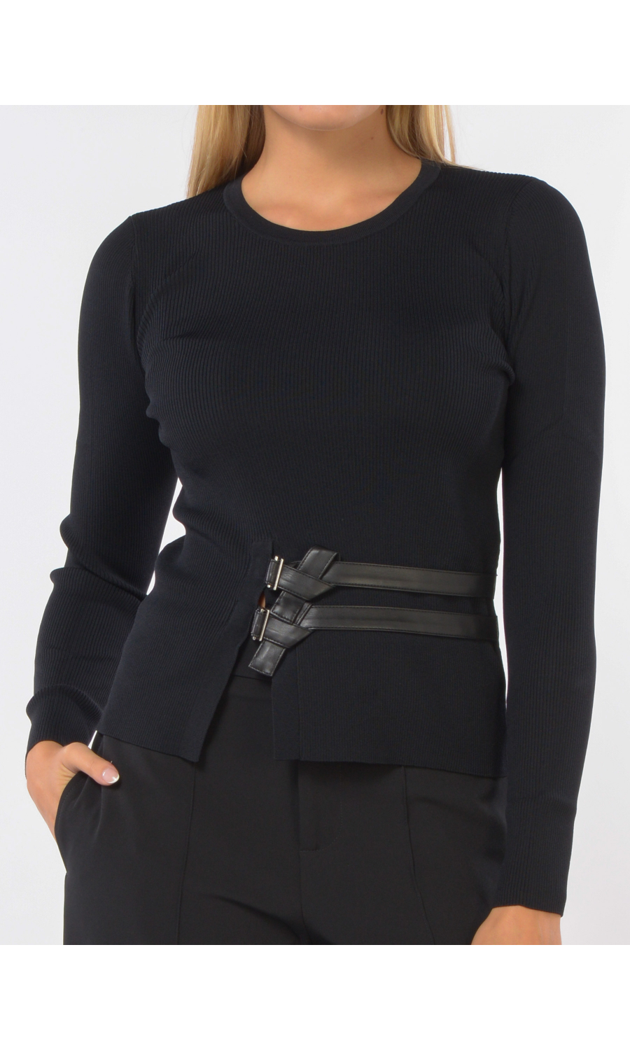 maglia da donna Liu Jo a costine con cinturini in similpelle