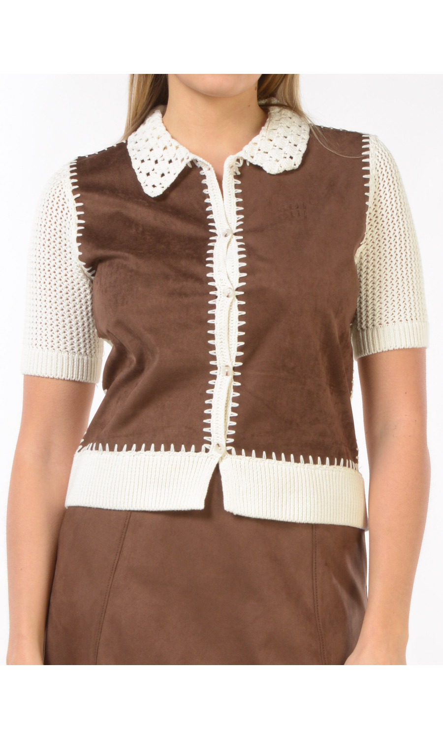 maglia da donna effetto rete con inserto in camoscio