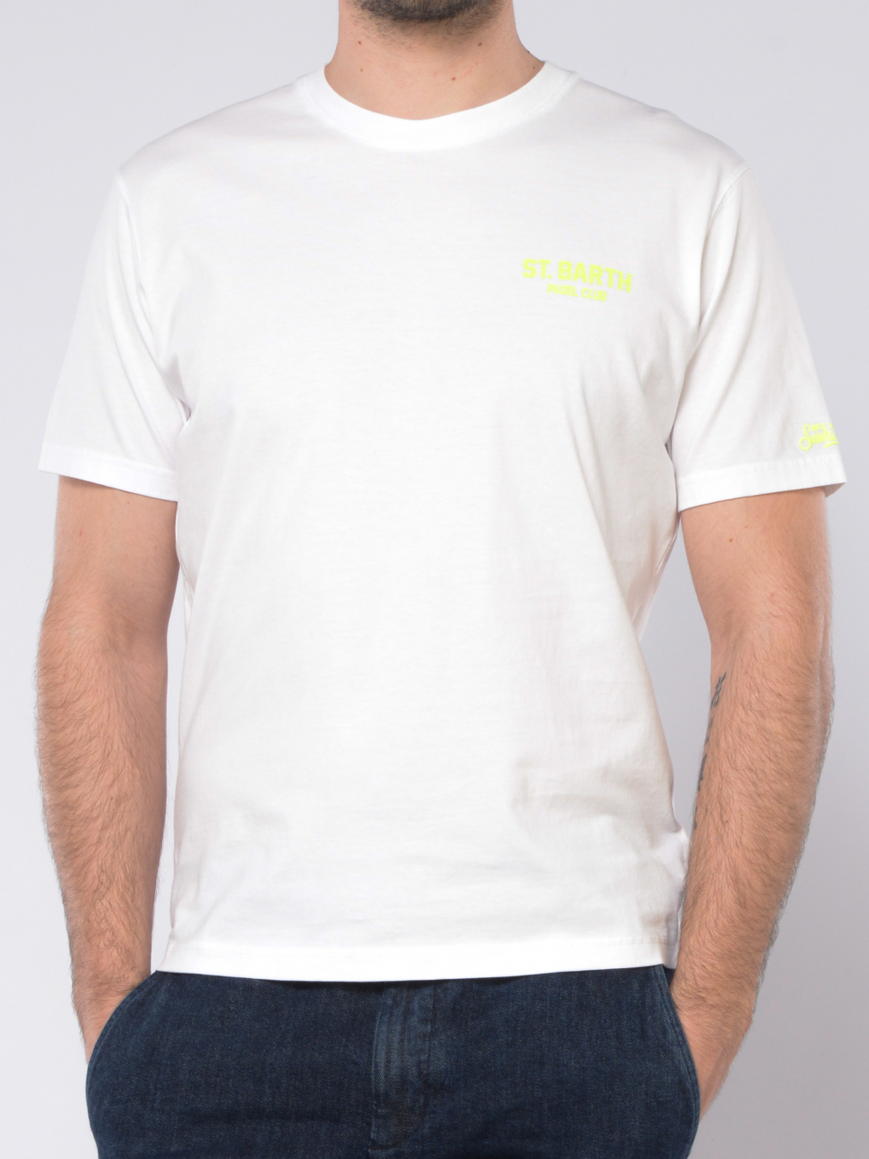 t Shirt da uomo Mc2 Saint Barth Padel Racquet con maxi stampa fluo
