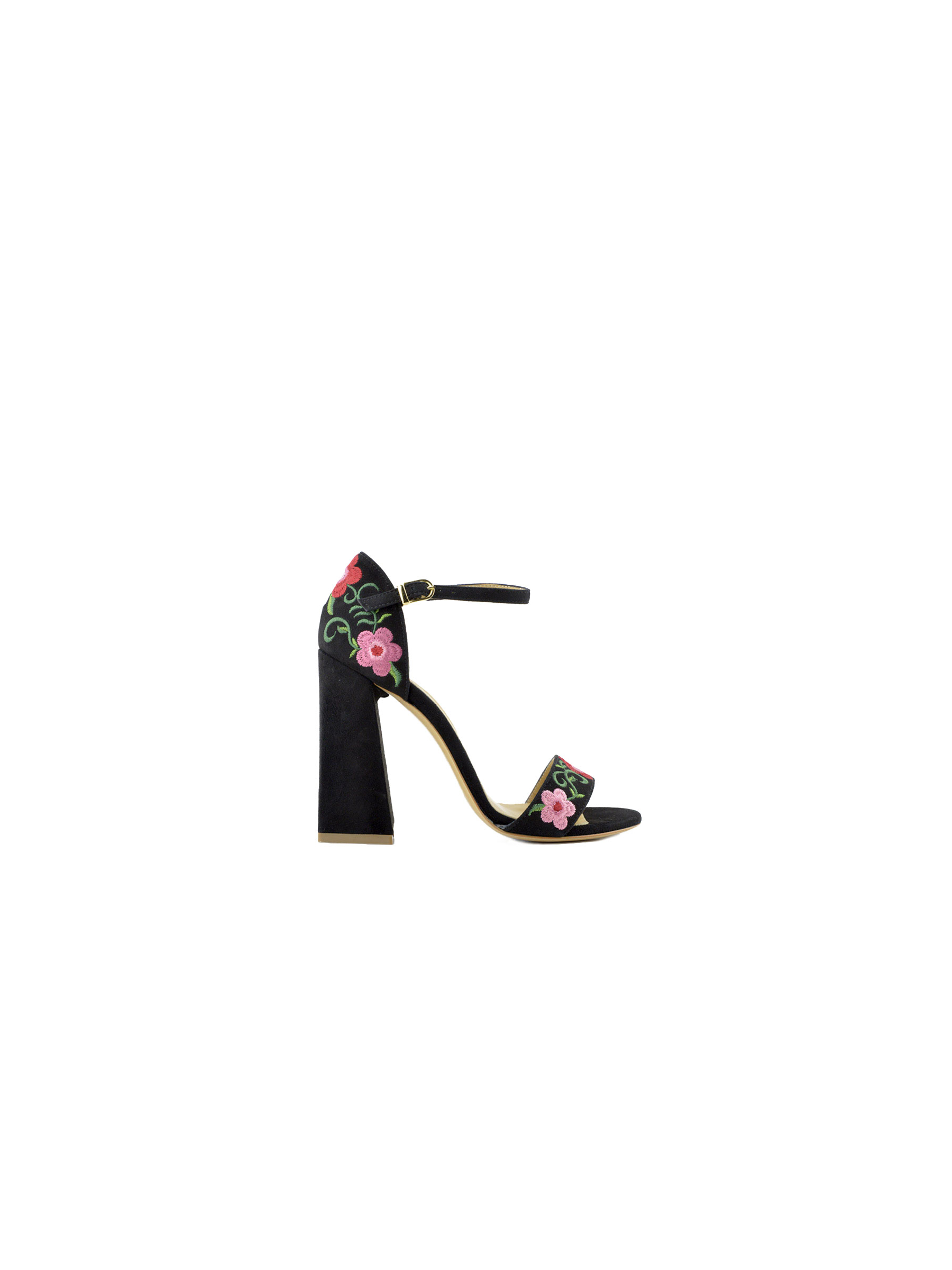 Sandalo alto donna scamosciato con ricamo floreale nero