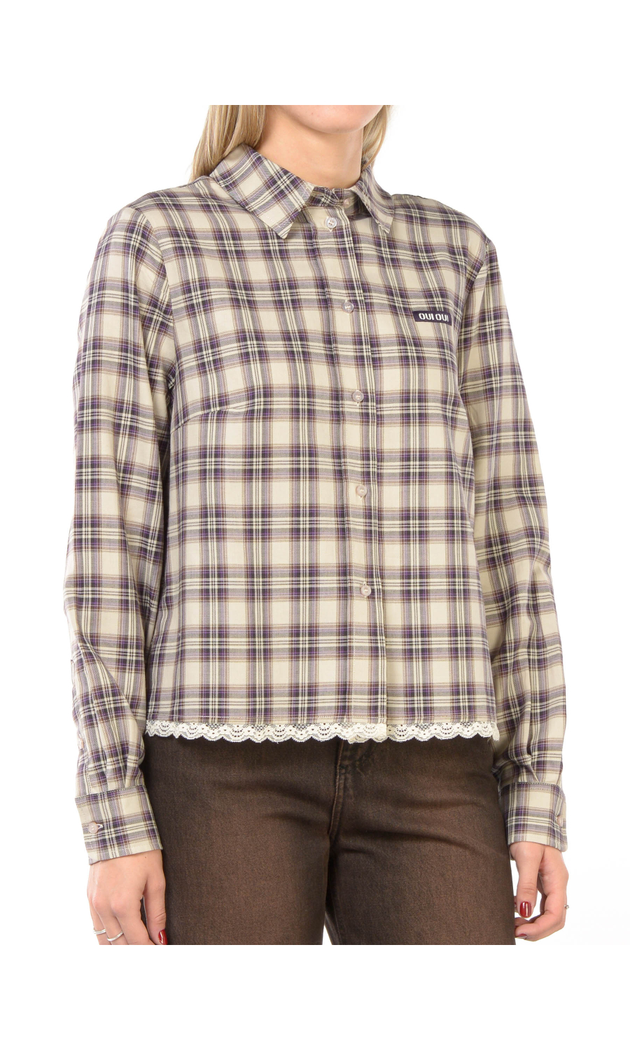 camicia da donna Oui a quadri con inserto in pizzo