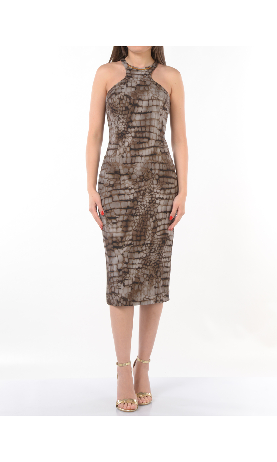 abito lungo da donna Elisabetta Franchi a stampa alligatore con scollo olimpionico