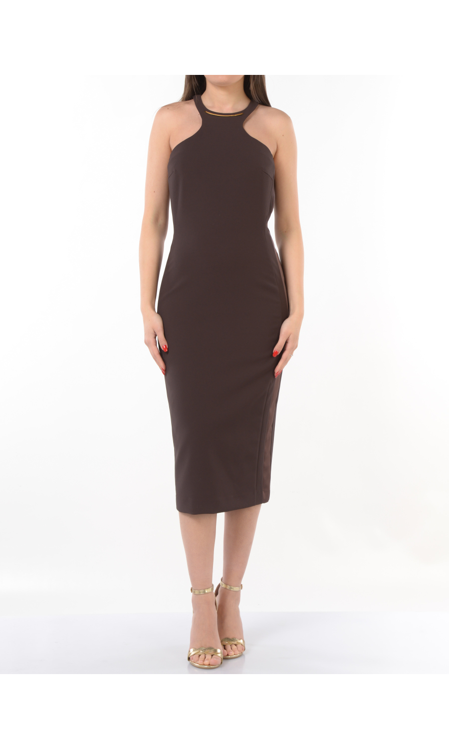 abito lungo da donna Elisabetta Franchi con scollo olimpionico e dettaglio gioiello