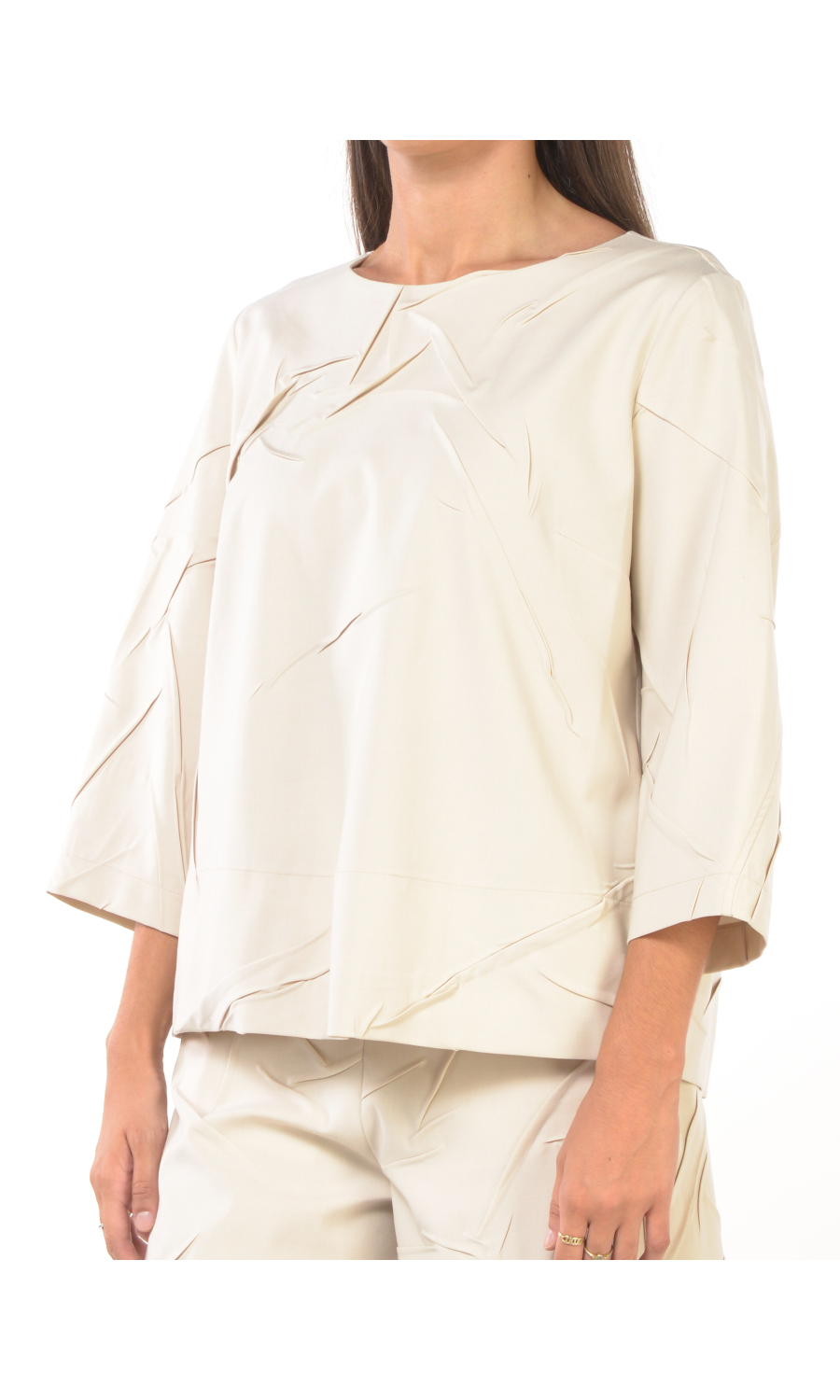 blusa da donna Meimeij con motivo di pieghe a maniche a tre quarti