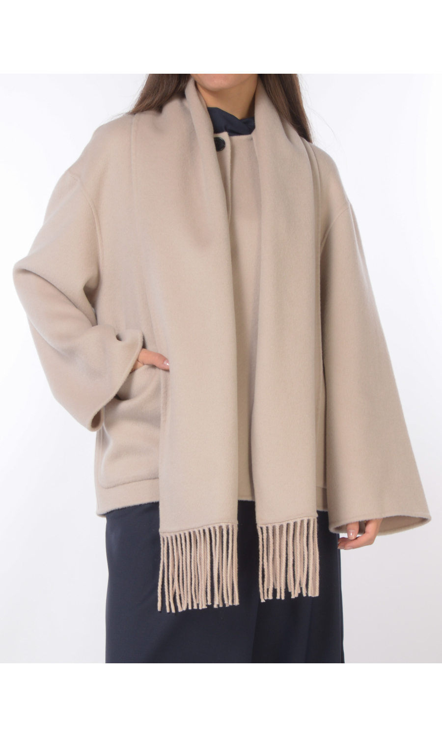 cappotto da donna Meimeij corto in lana con sciarpa