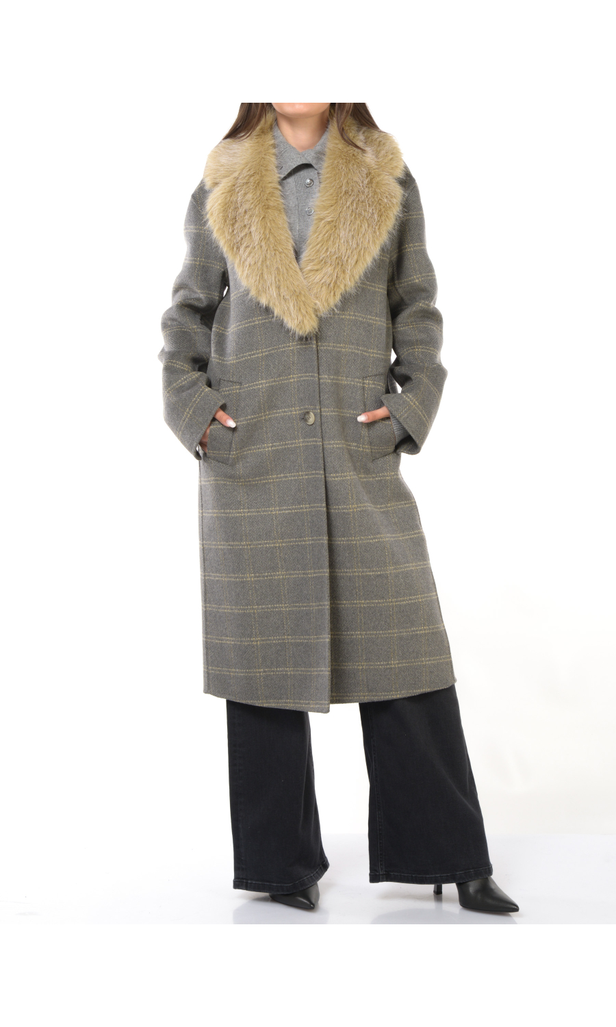 cappotto da donna Twinset in lana check con collo in ecopelliccia