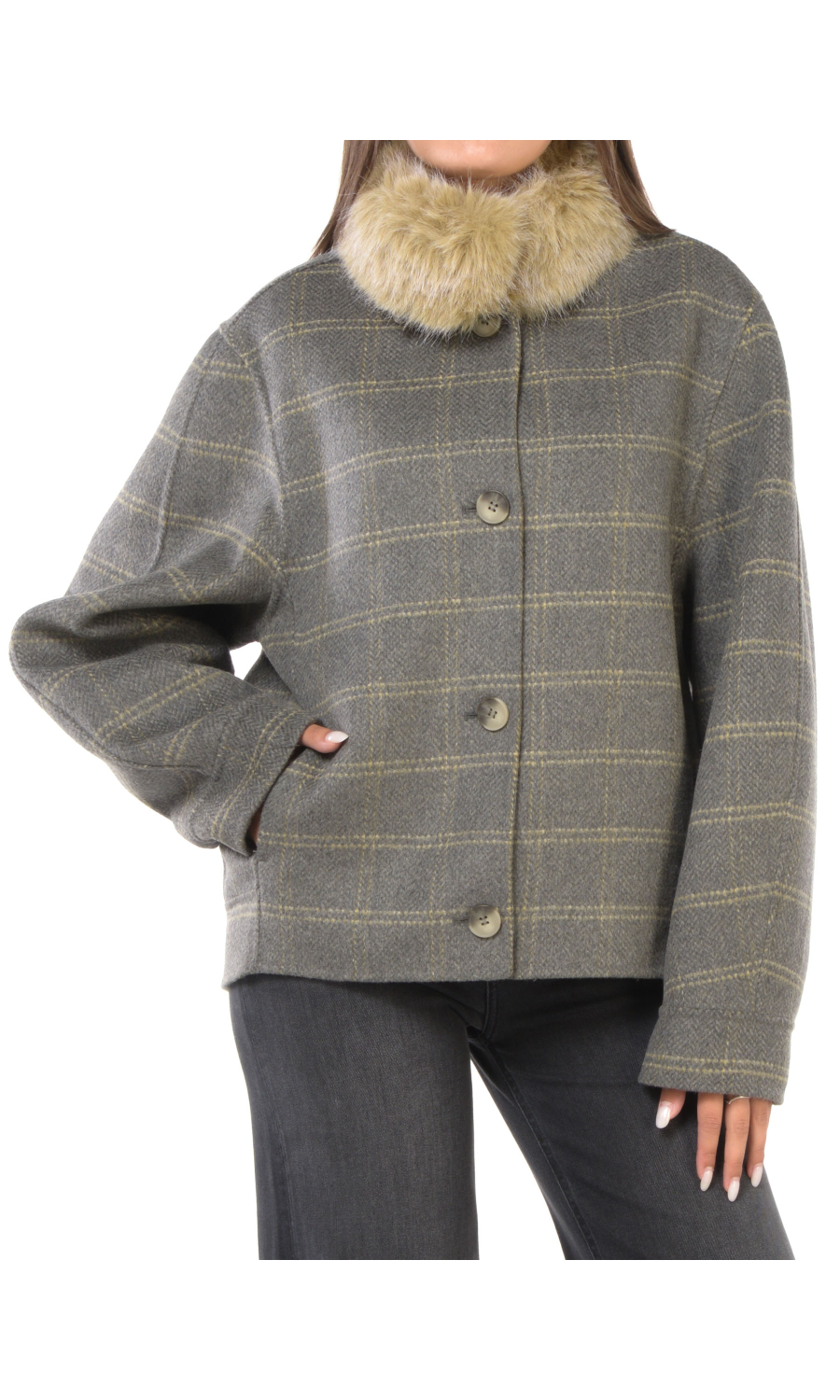 cappotto da donna Twinset in lana check con collo in ecopelliccia