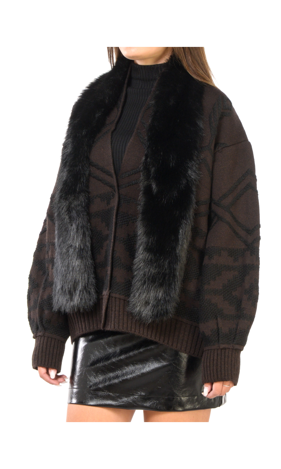 cardigan da donna Kaos jacquard con ecopelliccia