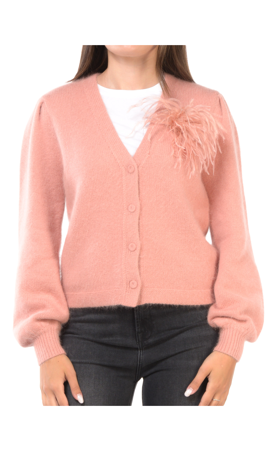 cardigan da donna Twinset in misto angora con spilla di piume