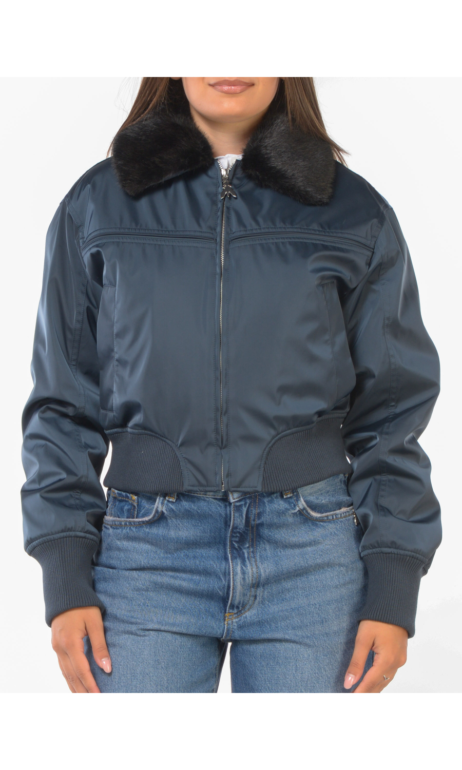 giubbino da donna Patrizia Pepe bomber satinato con colletto ecopelliccia