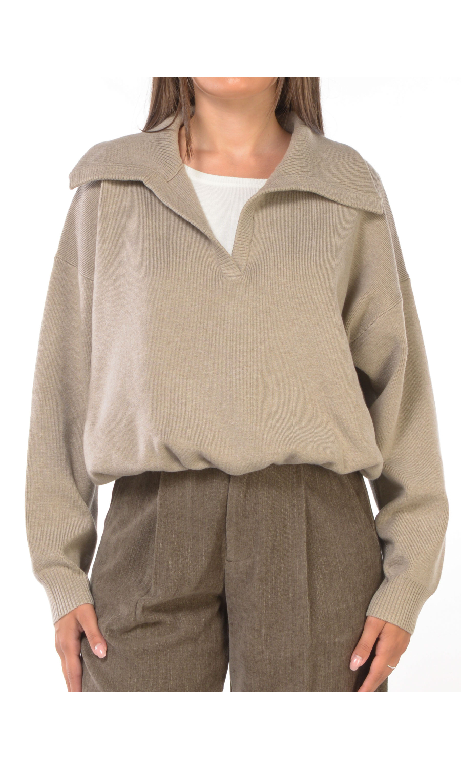 maglia da donna Eleh con maxi collo e inserto a contrasto