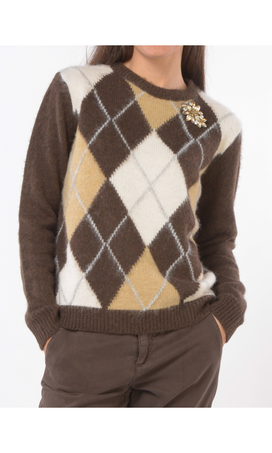 maglia da donna Kaos Jeans a rombi con spilla gioiello