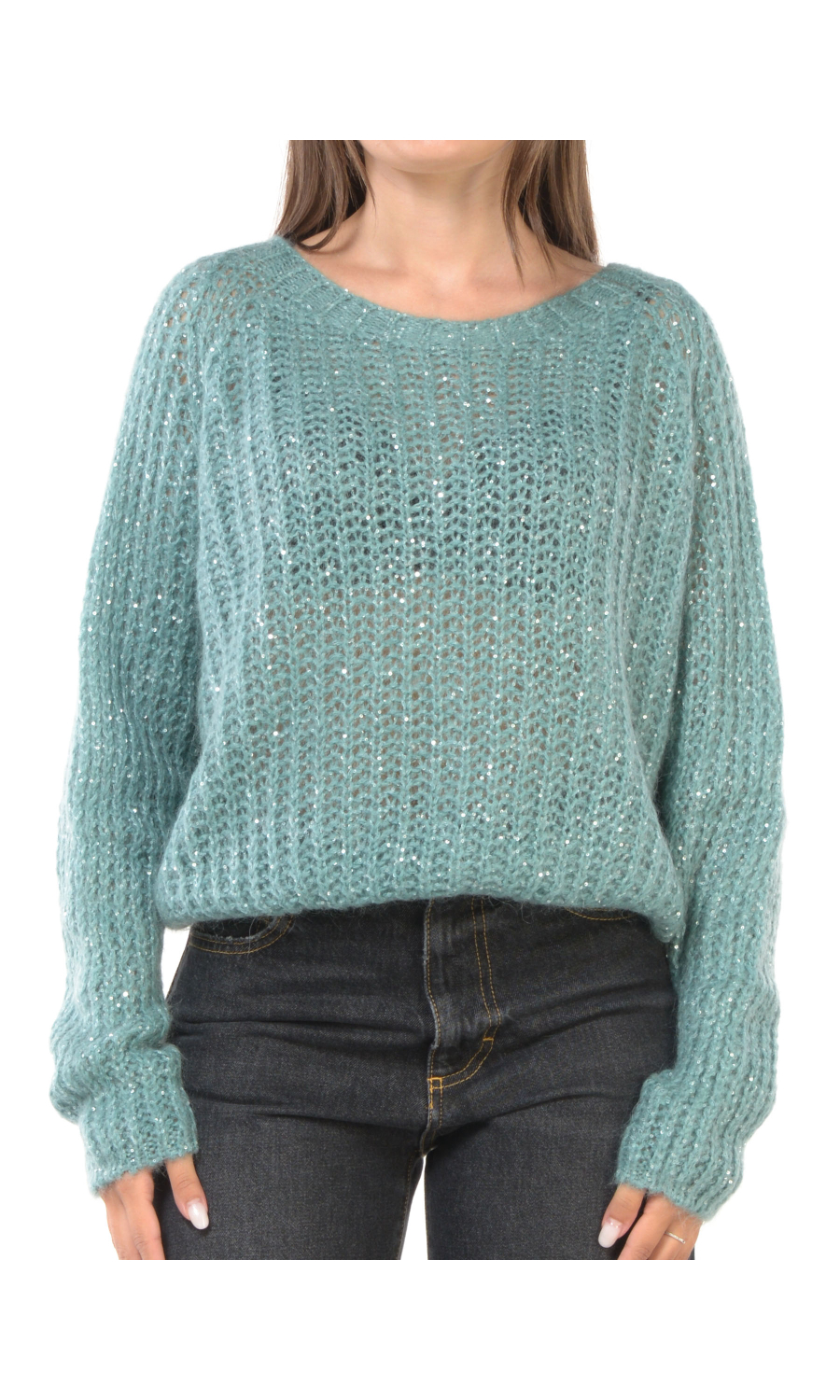 maglia da donna Kaos effetto rete con micro paillettes