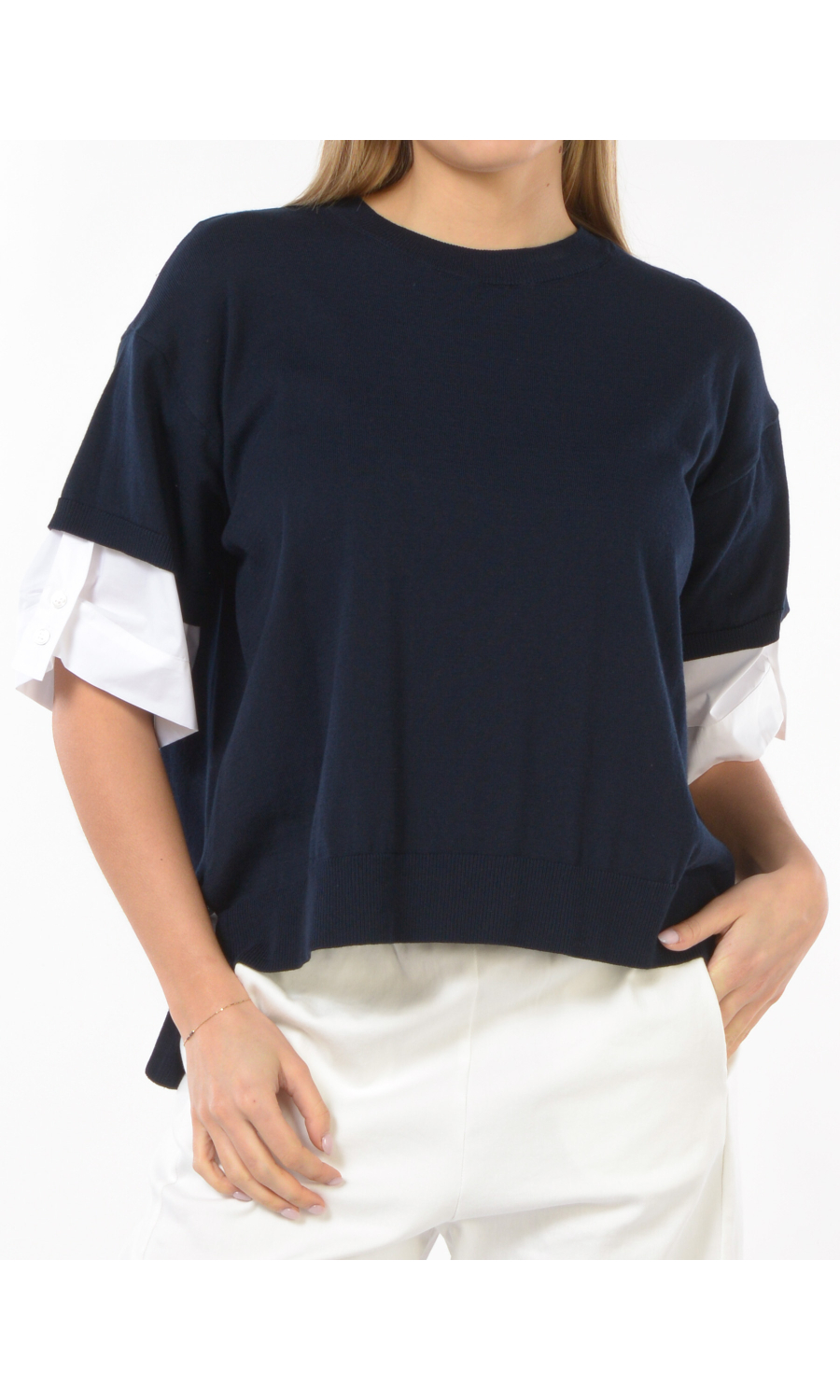 maglia da donna Meimeij con inserti su maniche e fondo asimmetrico