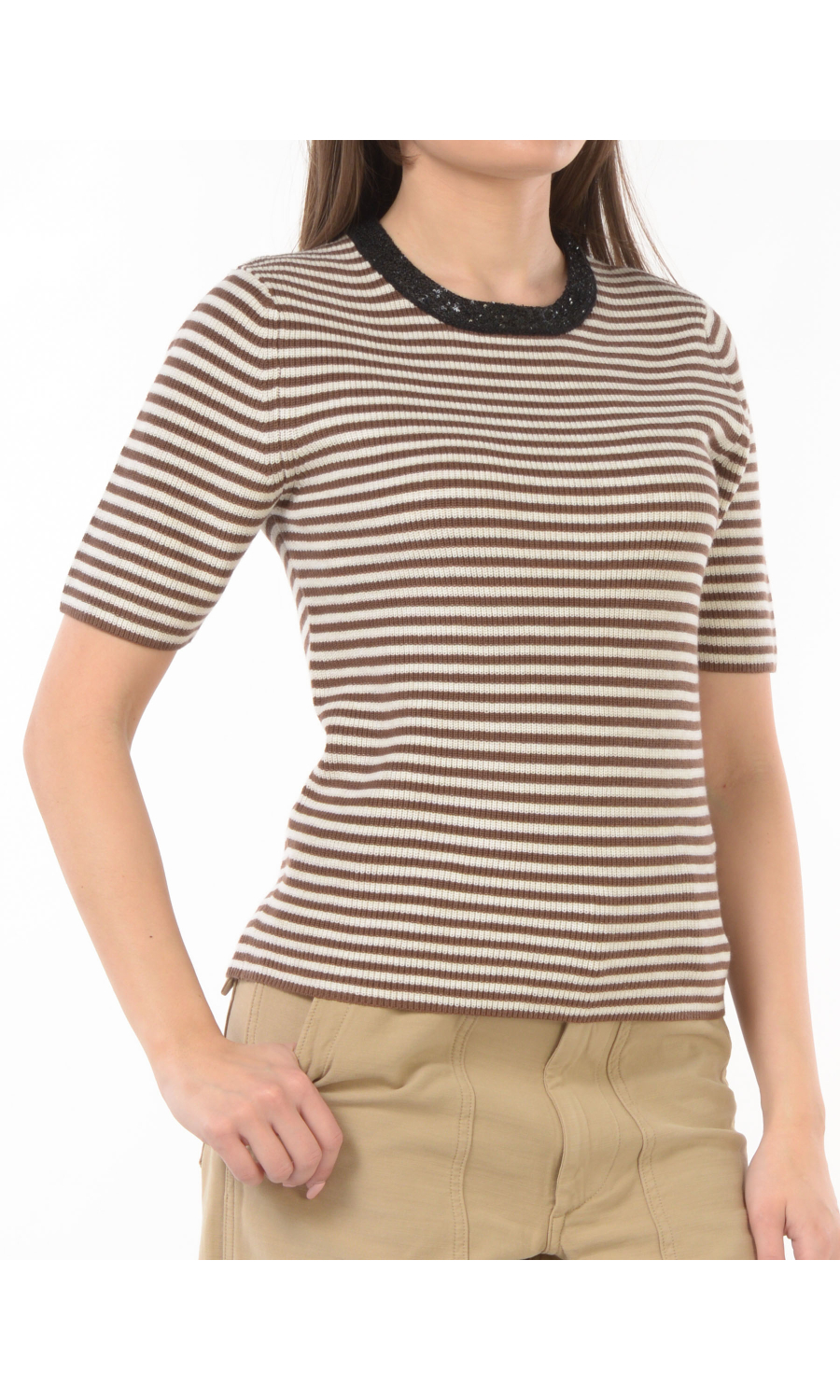 maglia da donna Oui a righe con collo di paillettes