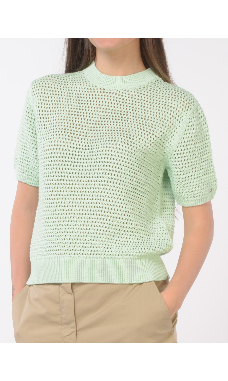 maglia da donna Tommy Hilfiger traforata a manica corta