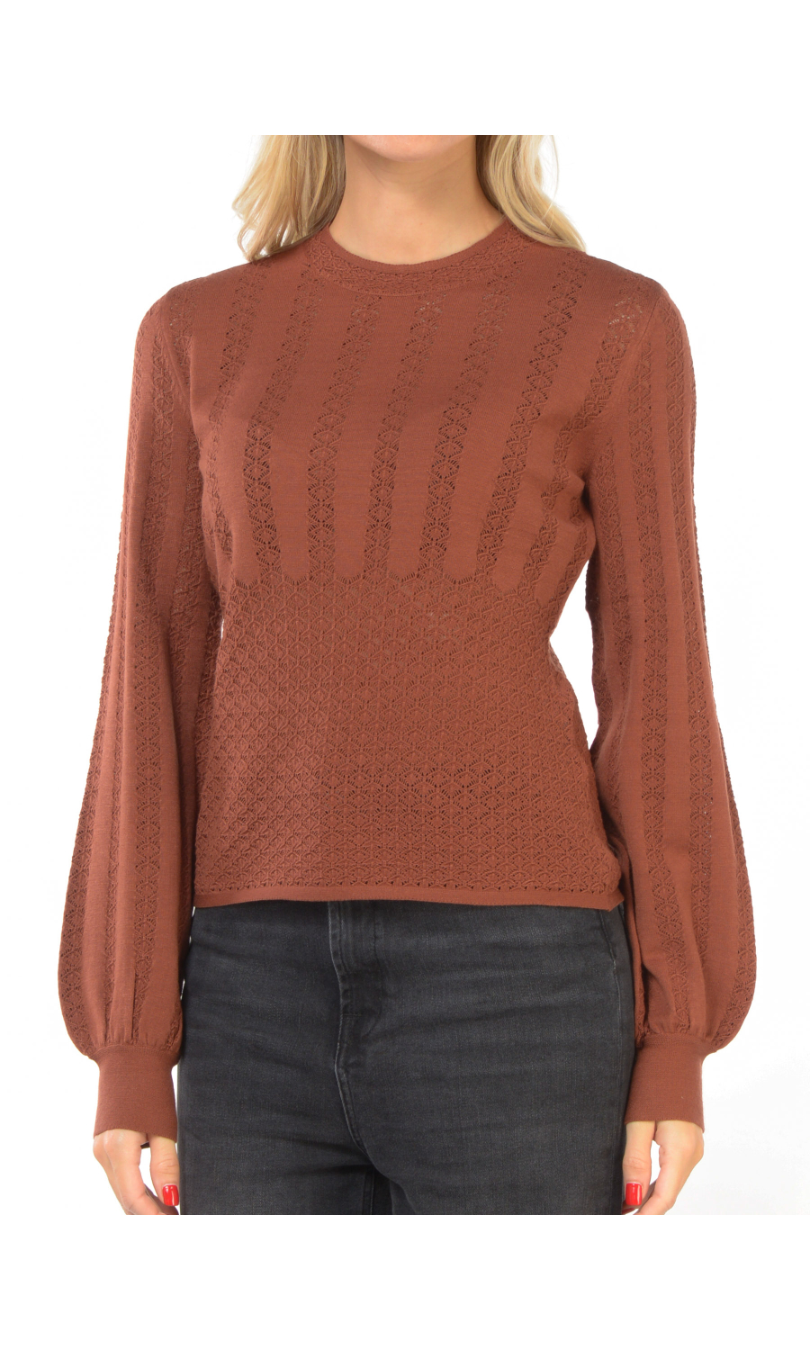 maglia da donna Twinset con lavorazione punzonata e maniche a sbuffo