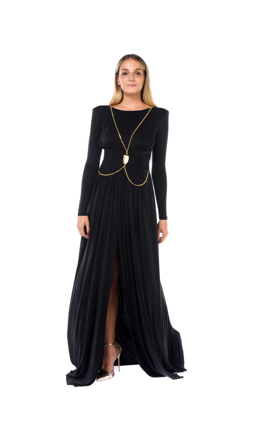 abito lungo da donna nero Elisabetta Franchi Red Carpet con body chain