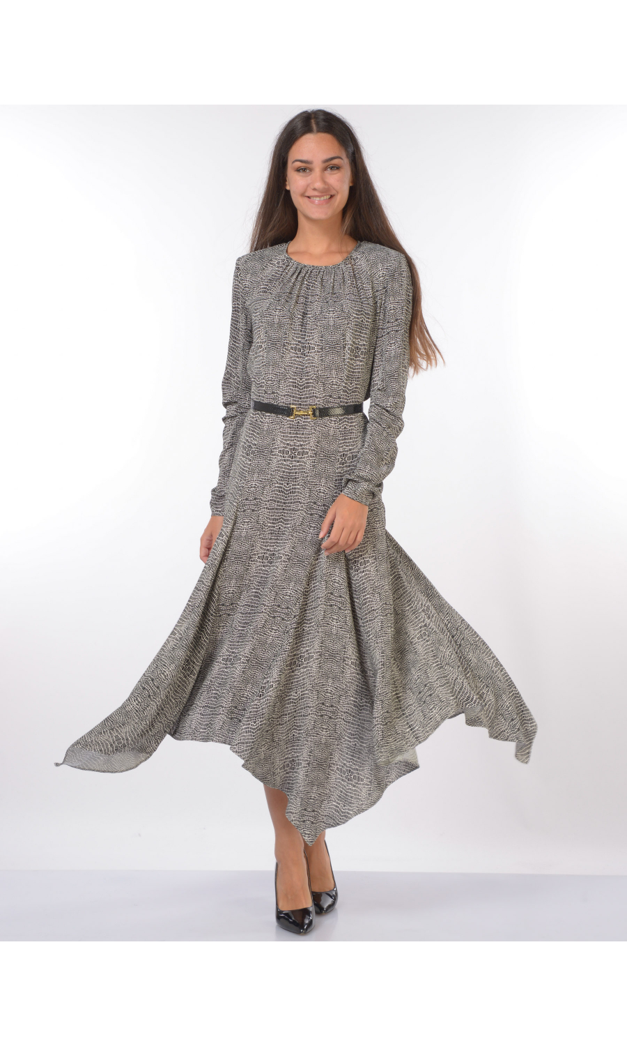 abito lungo da donna nero Elisabetta Franchi a fantasia pitone con cintura