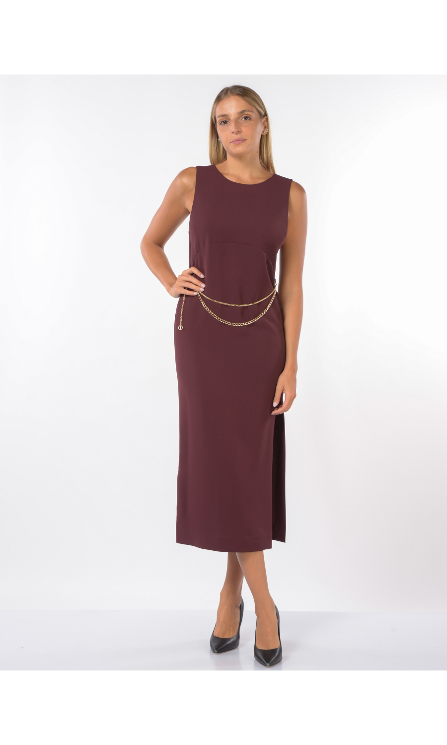 abito lungo da donna rosso Twinset senza maniche con catenella 