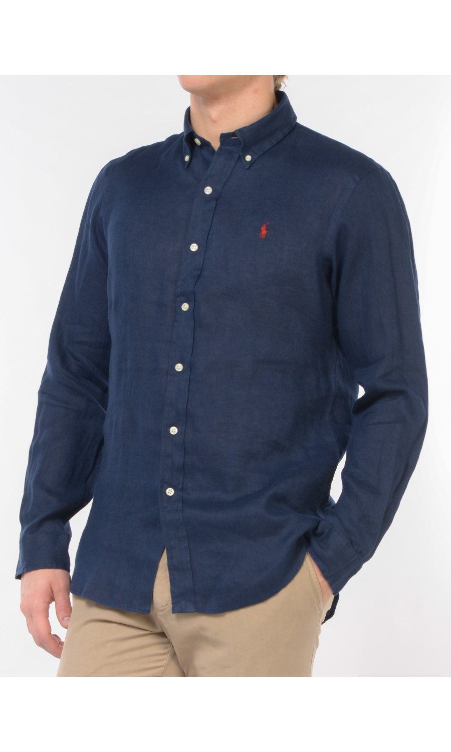 camicia da uomo Ralph Lauren in lino con logo blu