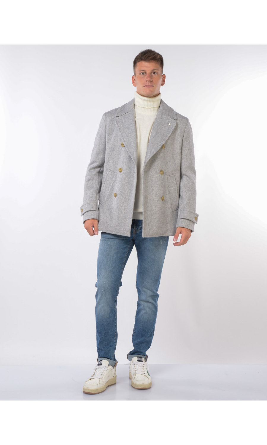cappotto da uomo grigio L.B.M.1911 doppiopetto in lana e cachemire