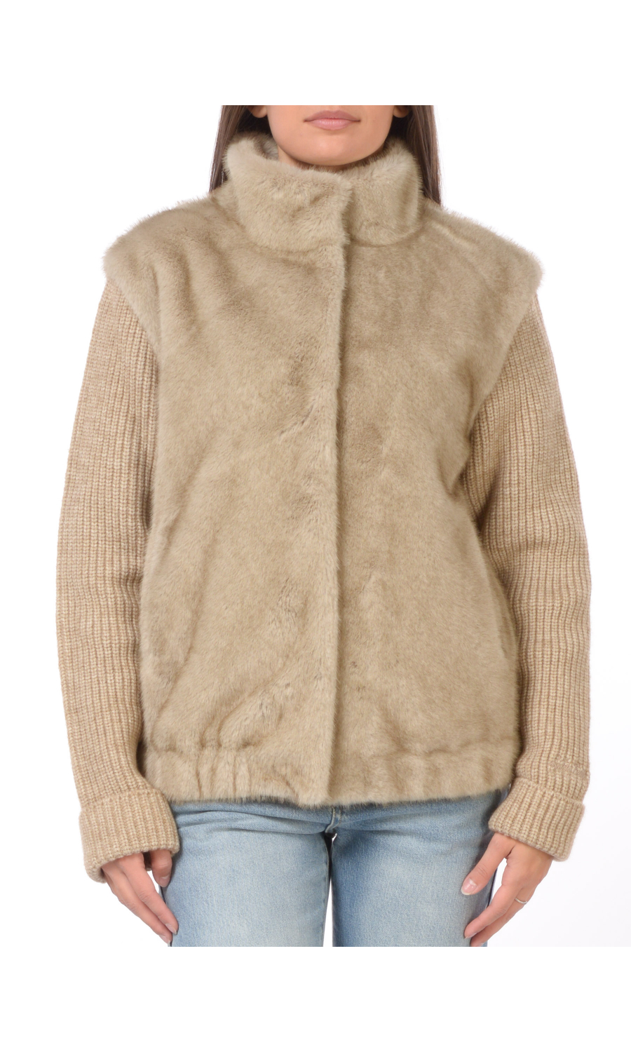 ecopelliccia beige da donna Mc2 Saint Barth con maniche in maglia e tasche