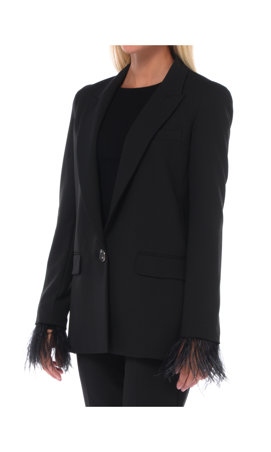 giacca nera da donna Marella monopetto con piume