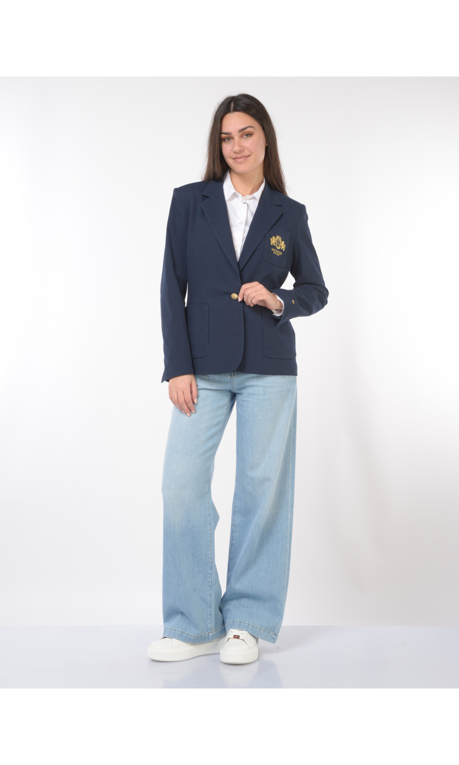 giacca da donna blu Tommy Hilfiger a monopetto con logo ricamato