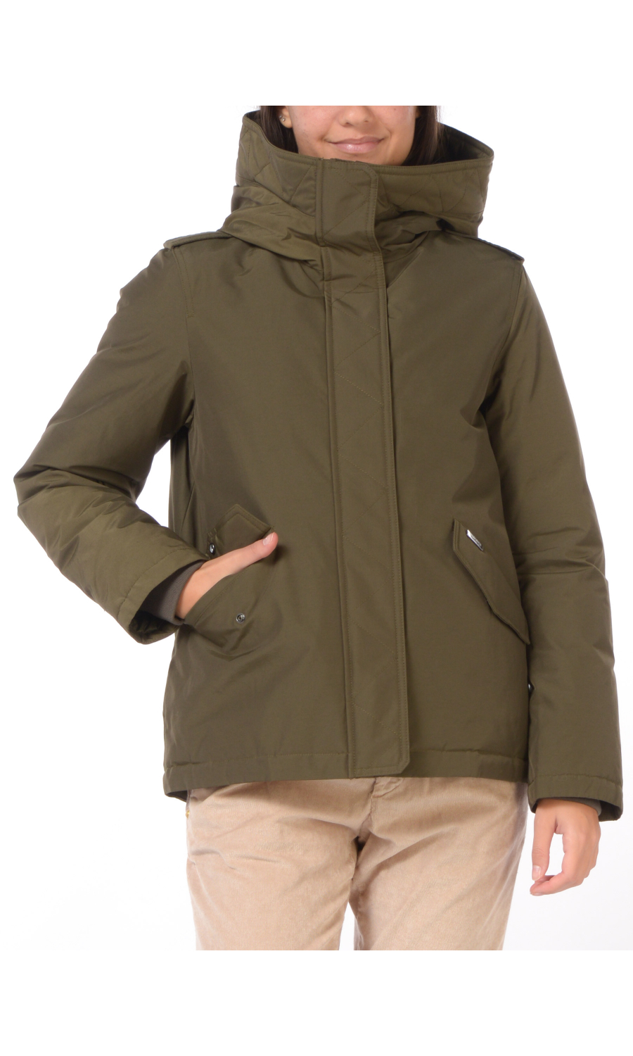 giubbino verde da donna Woolrich in Ramar Cloth con cappuccio