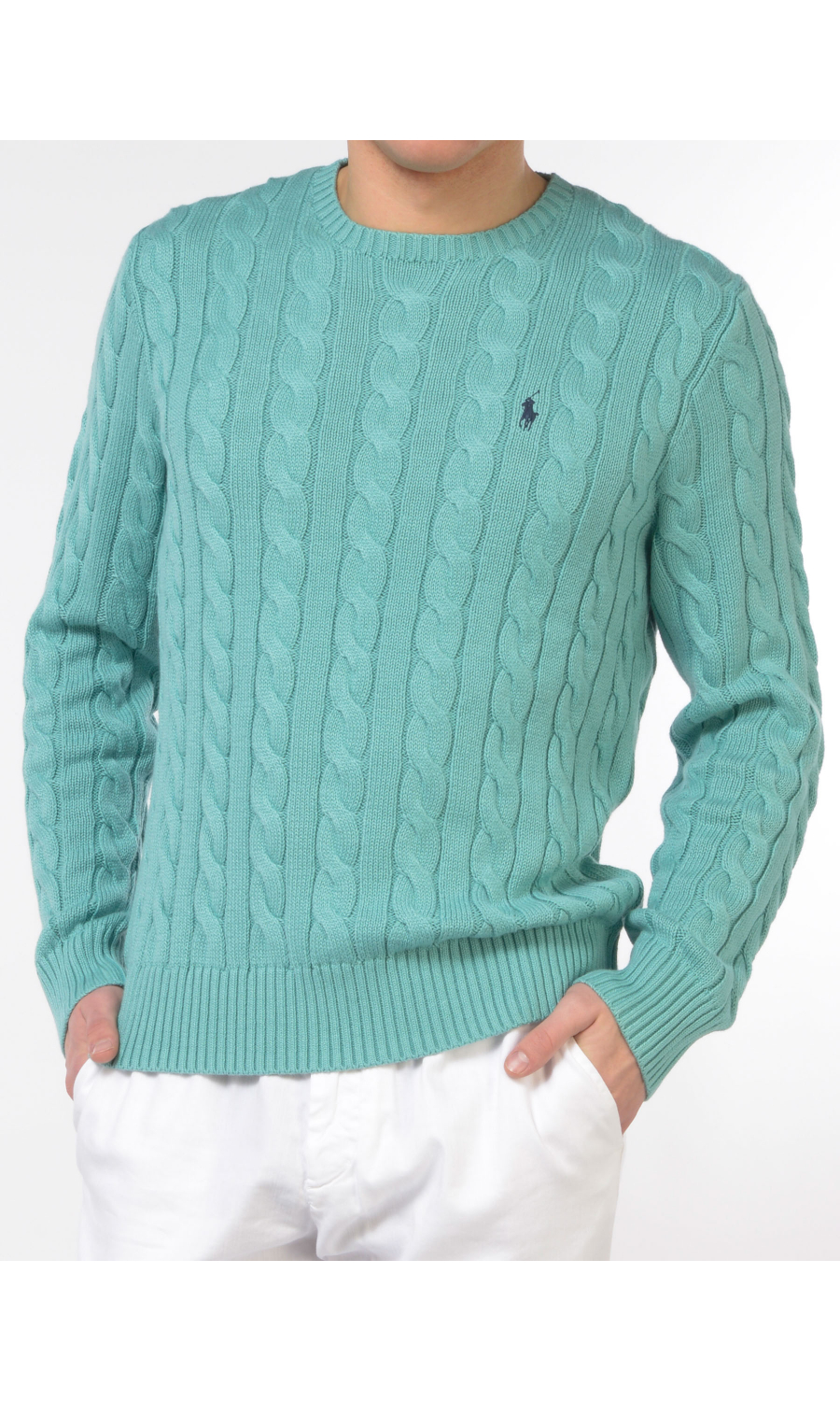 maglia turchese da uomo Ralph Lauren a girocollo con lavorazione a trecce