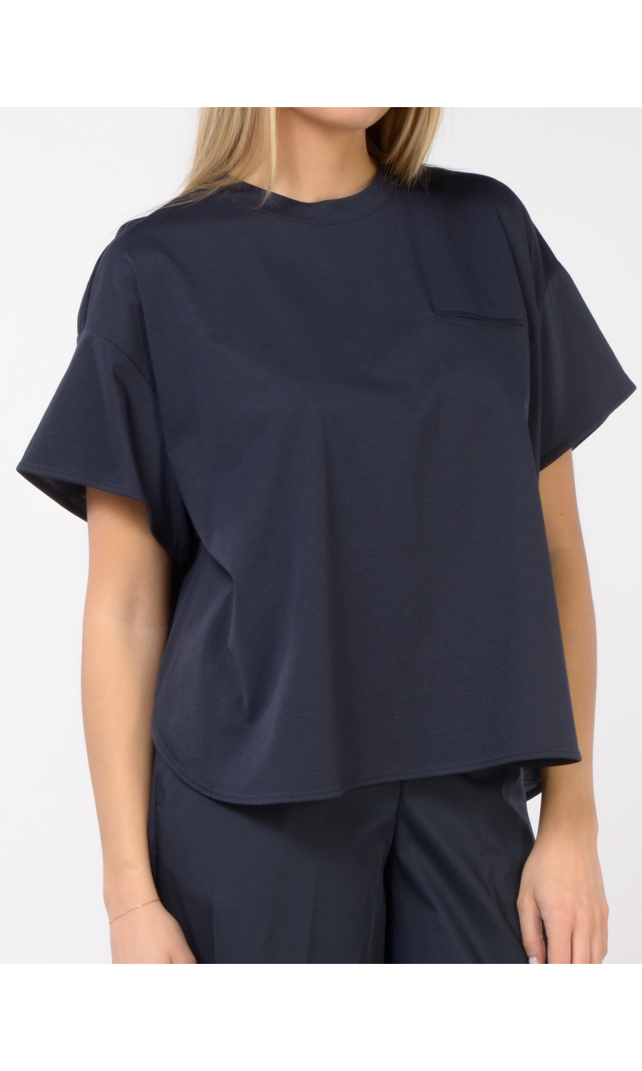 t Shirt da donna blu Meimeij boxy con taschino a filetto